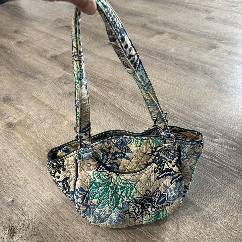 Vera Bradley Shoulder Bag Womens Medium Blue Green Floral Quilted Cotton Zip Top